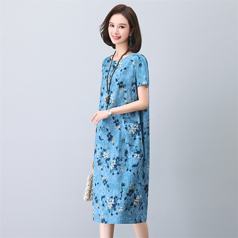 印花连衣裙女短袖2025年夏季新款韩版宽松显瘦中长裙休闲减龄裙子,女装连衣裙,依恋蒂丝