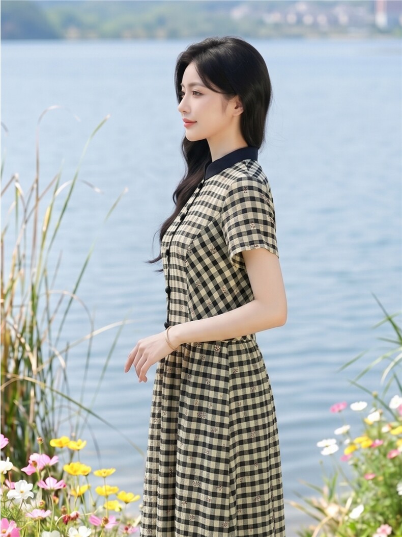 弹力面料学院风格纹连衣裙女春夏收腰显瘦中长裙格子裙子,女装连衣裙,水衣源