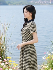 弹力面料学院风格纹连衣裙女春夏收腰显瘦中长裙格子裙子，女装连衣裙，水衣源