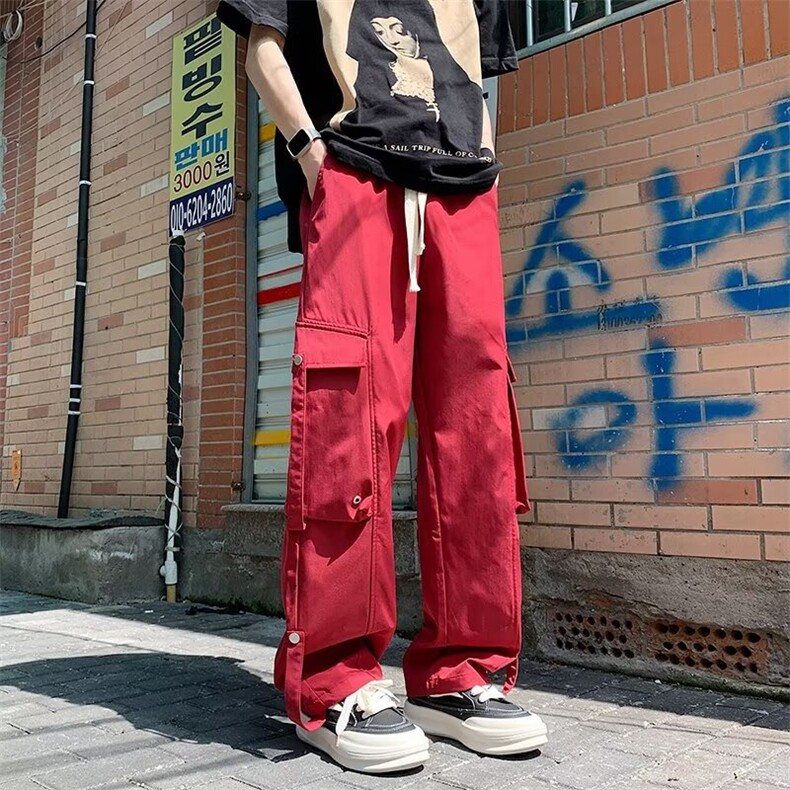 得物品质港风夏款男工装大口袋织带纯棉直筒宽松长裤h0003P65,男装工装外套,星座1013-1