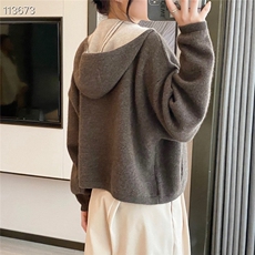 秋冬新款连帽纯山羊绒开衫女宽松慵懒风拉链双层卫衣外套帽衫，女装羊绒衫，五色羊羊绒