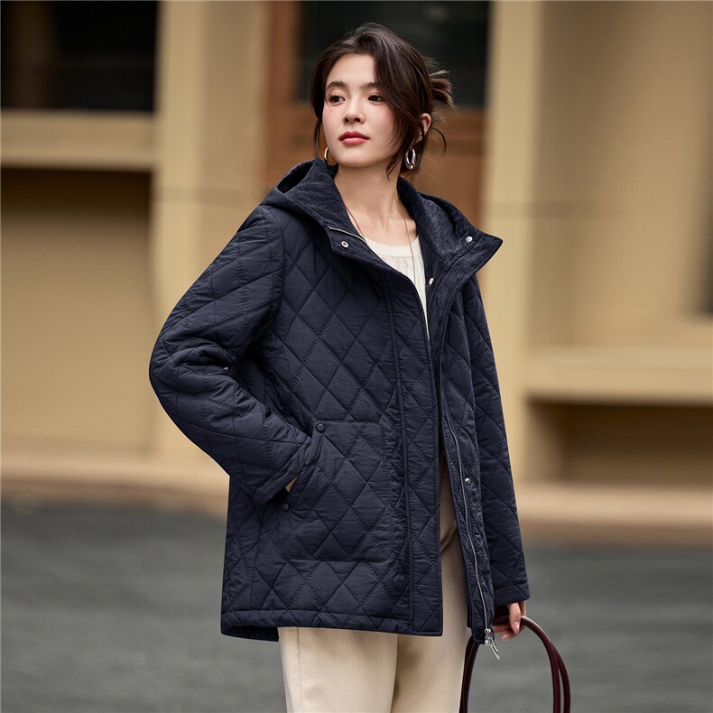 2025年冬季中长款连帽夹棉菱格棉衣棉服外套,女装棉衣/棉服,简韵佳