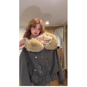 美式复古座山雕派克棉服外套男女冬季毛领连帽短款情侣棉衣图片