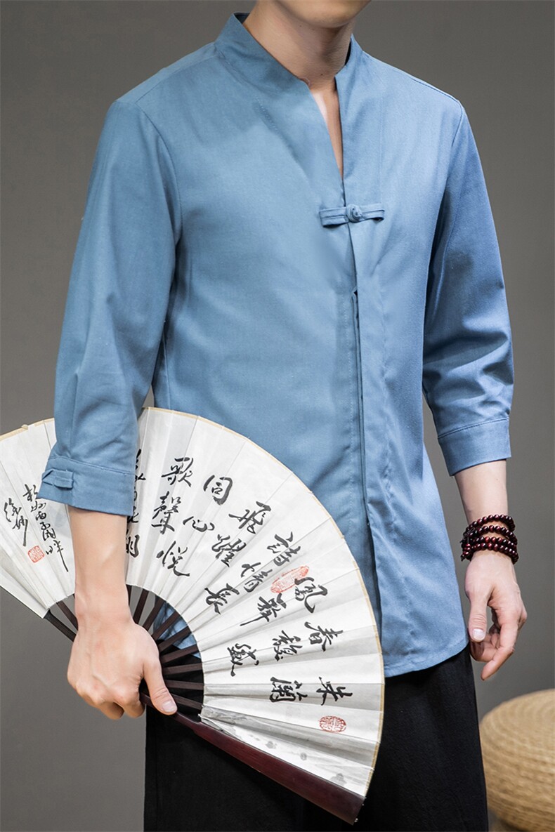 20夏大码风亚麻棉麻休闲宽松七分袖衬衫T恤盘扣中式C38/,男装衬衫,钱塘713