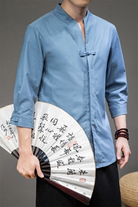 20夏大码风亚麻棉麻休闲宽松七分袖衬衫T恤盘扣中式 C38/图片