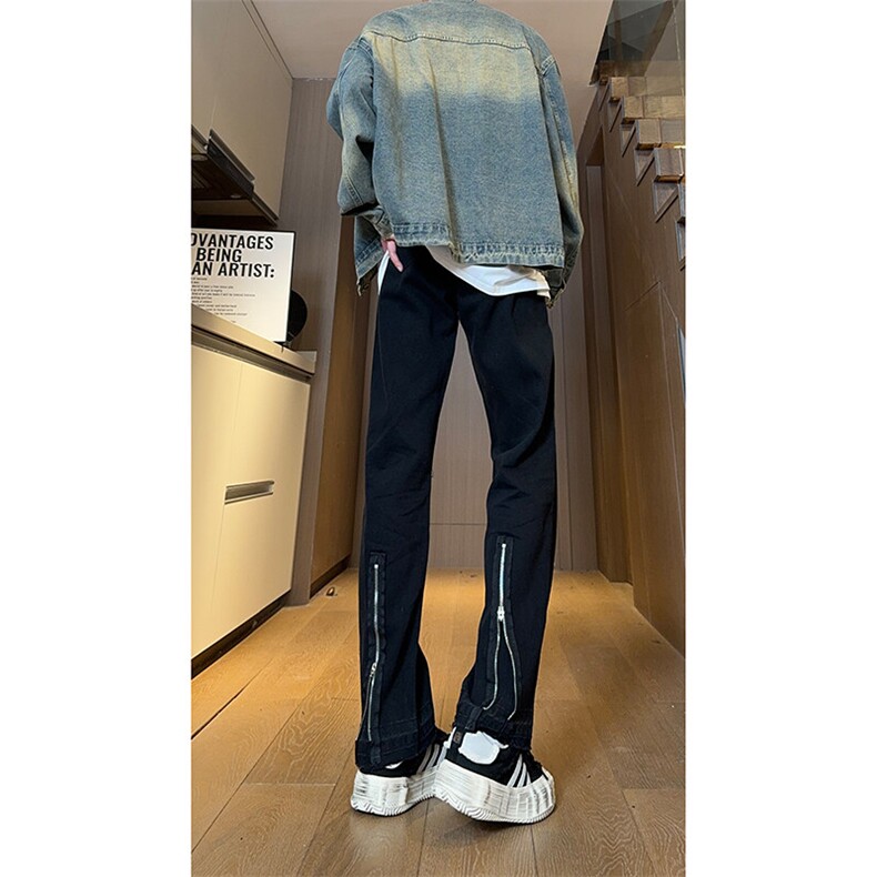 现货 黑色拉链毛边美式修身直筒高街牛仔裤男 K5813-P50 控78图片