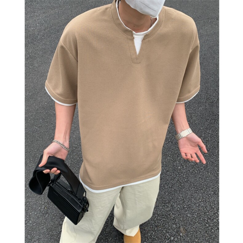 2026夏大码假两件华夫格五分短袖T恤潮流宽松T6601/特P25卡其2,男装T恤,电商A094
