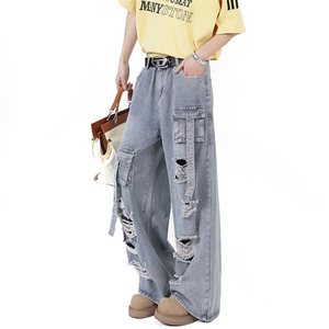 2025新款破洞工装牛仔裤设计感水洗多口袋男女拖地现货K8402-P60图片