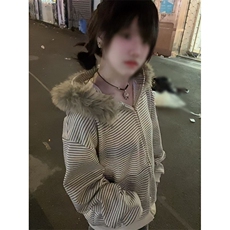 自家爆图毛领连帽卫衣外套韩系宽松设计感条纹上衣外套FNN01-P65，女装短外套，星座1001-1