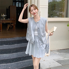 韩版小个子穿搭一整套女2025夏新款时尚无袖马甲百褶半身裙两件套，女装套装/套裙，2C135