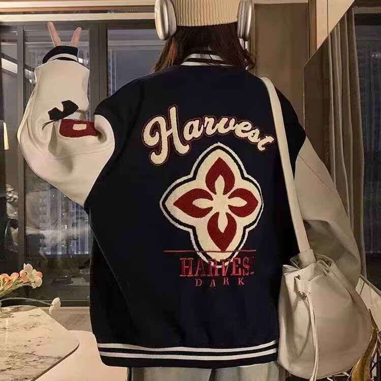 设计感拼接PU皮棒球服女外套新款秋季2026加厚毛巾绣夹克宽松显瘦,男装夹克,星座715-4