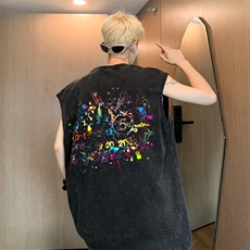 水洗做旧纯棉坎肩背心男夏季潮牌硬挺抗皱宽松情侣款运动无袖T恤，男装背心/马甲，星座517A-2