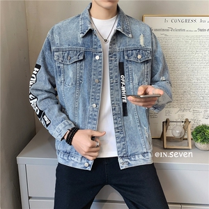 JK302-P90-现货店主风牛仔夹克肥仔量足破洞印花大码图片