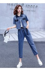 现货，新款韩版撞色宽松休闲牛仔裤两件套工装风休闲减龄显瘦潮女，女装套装/套裙，E百度