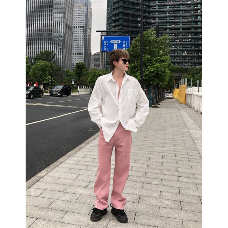 潮牌时尚冰莓粉宽松直筒水洗牛仔裤X1002-1-NZ2413-现货！,男装牛仔裤,星座1002-1