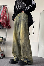 美式水洗黄泥染阔腿牛仔宽松高街复古直筒休闲裤A068-TZK190-TP68，男装休闲裤，电商A068