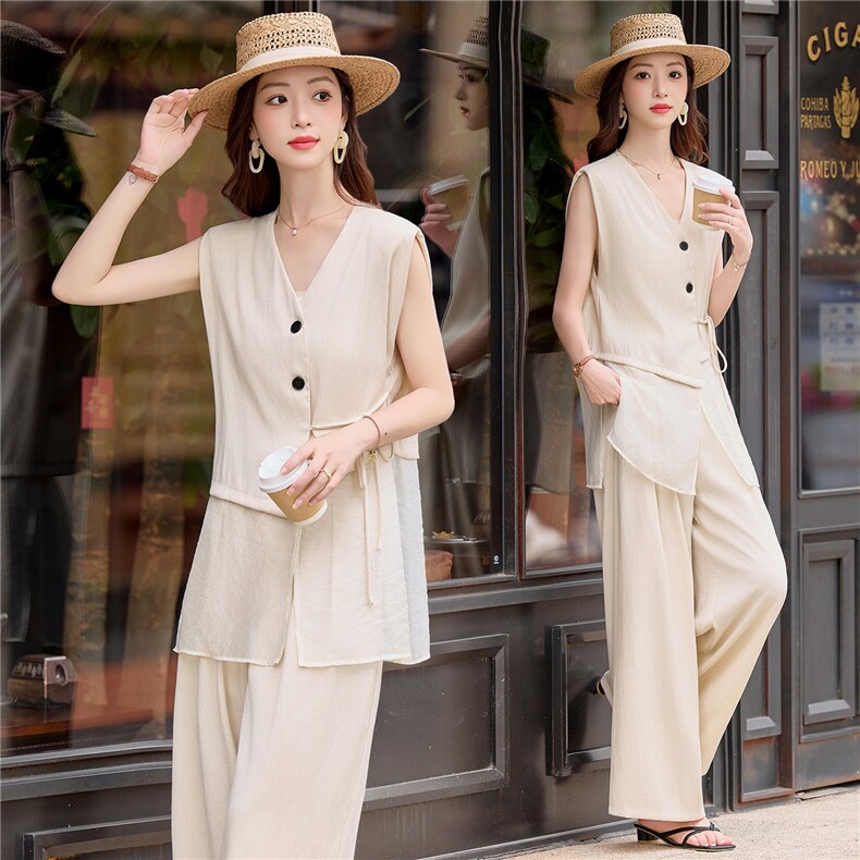 2026夏季无袖休闲洋气减龄飘逸显瘦气质女人味薄款透气套装，女装套装/套裙，美沁