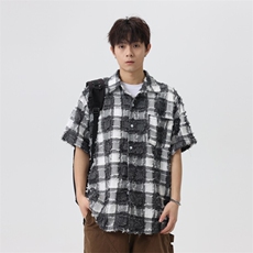 盐系男友风衬衫男小香风外套短袖上衣流苏格子衬衣夏季C2085-P45，男装衬衫，星座210-1