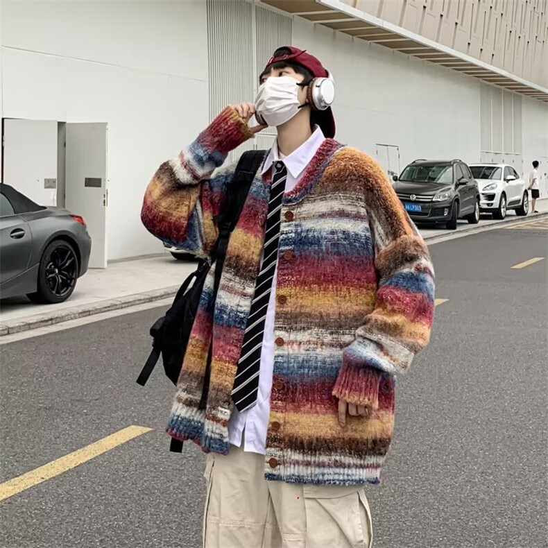 2025秋撞色拼接扎染开衫毛衣男复古针织衫外套MY7310,男装针织衫/毛衣,星座1108