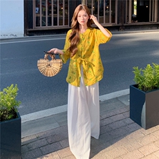 新中式印花宽松喇叭袖时尚气质小衫，女装衬衫，水衣源