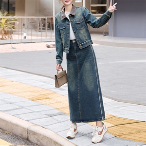 潮牌复古时尚牛仔套装女2024春秋新款洋气炸街短外套阔腿裤两件套图片