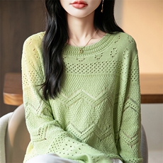 春装新款100%纯棉线镂空针织衫女舒适透气圆领薄款休闲外穿上衣，女装针织衫/毛衣，丹芙娇羊绒