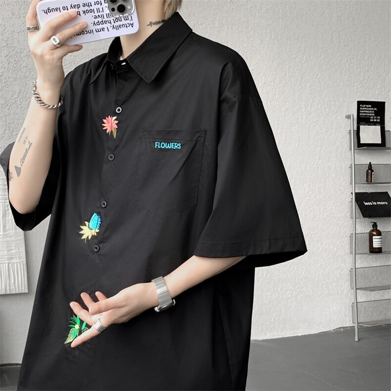 设计感重工花卉刺绣短袖衬衫高级大码美式痞帅衬衣外套DC5011/P45，男装衬衫，电商B238