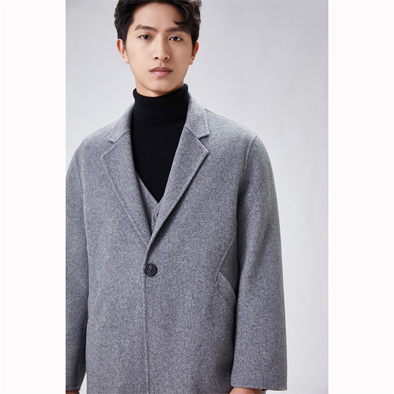 2025年夏季保暖防寒翻领长袖一粒扣修身型中长款时尚百搭斜兜百搭，男装毛呢大衣，蒙绒特