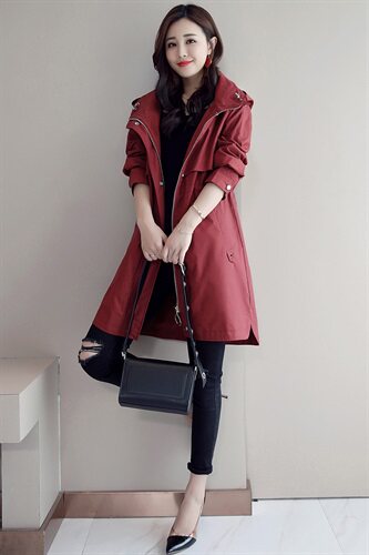风衣春秋中长款修身显瘦百搭潮流简约个性长袖连帽，女装风衣，微微衣阁