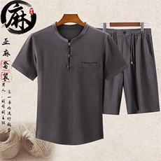 新款夏男款中老年风亚麻短袖T恤短裤套装棉麻T恤短裤套装，男装牛仔裤，钱塘723