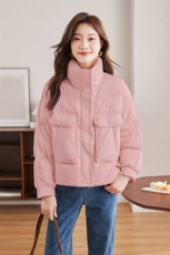 立领短款面包羽绒服女2024冬新款大口袋休闲加厚保暖90白鸭绒外套，女装羽绒服，蝶眷