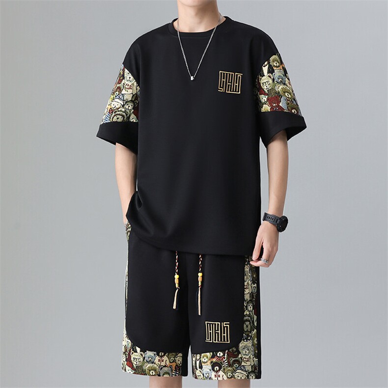 夏季菠萝格休闲运动套装男刺绣T恤短裤两件套潮A266-TZ8808-P50,男装T恤,电商A266
