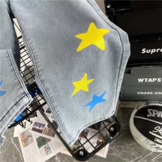 美式高街星星印花牛仔裤男欧美街头宽松直筒炸街hiphop长裤ins潮，男装牛仔裤，星座601-2