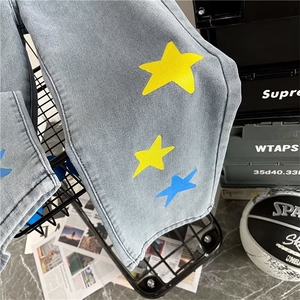 美式高街星星印花牛仔裤男欧美街头宽松直筒炸街hiphop长裤ins潮图片