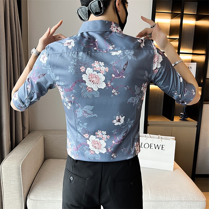 夏季男士七分袖印花衬衫男休闲修身条纹衬衣A236-8811-P55,男装衬衫,电商A236