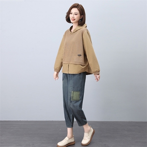 时尚休闲女装套装 宽松显瘦长袖上衣+牛仔裤两件套 舒适百搭日常穿搭图片