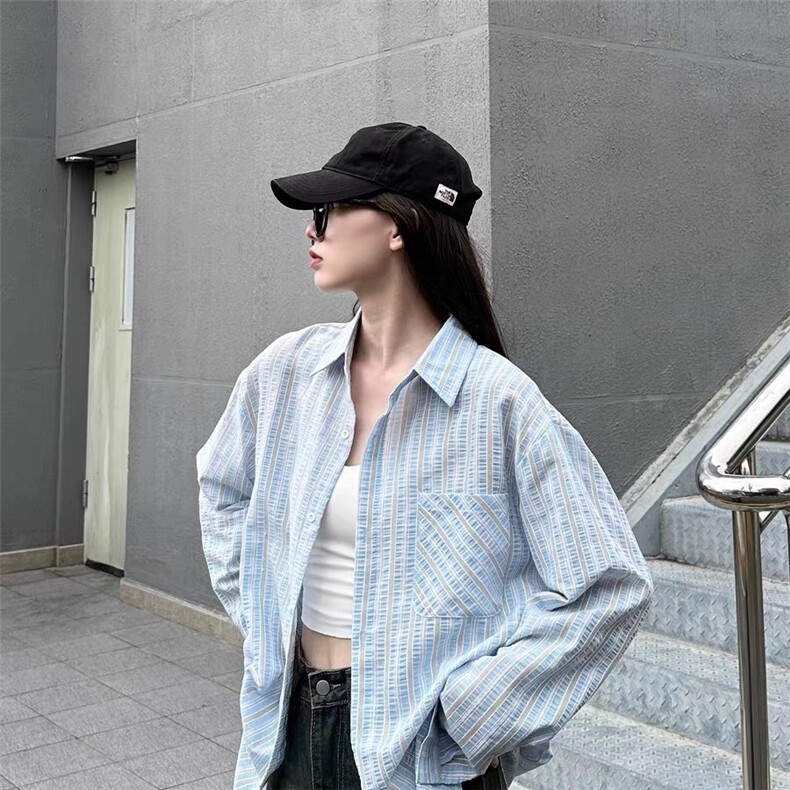 条纹衬衫女2026春秋学生polo领中长款衬衣防晒衫薄外套图片