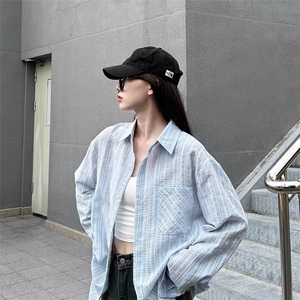 条纹衬衫女2026春秋学生polo领中长款衬衣防晒衫薄外套图片