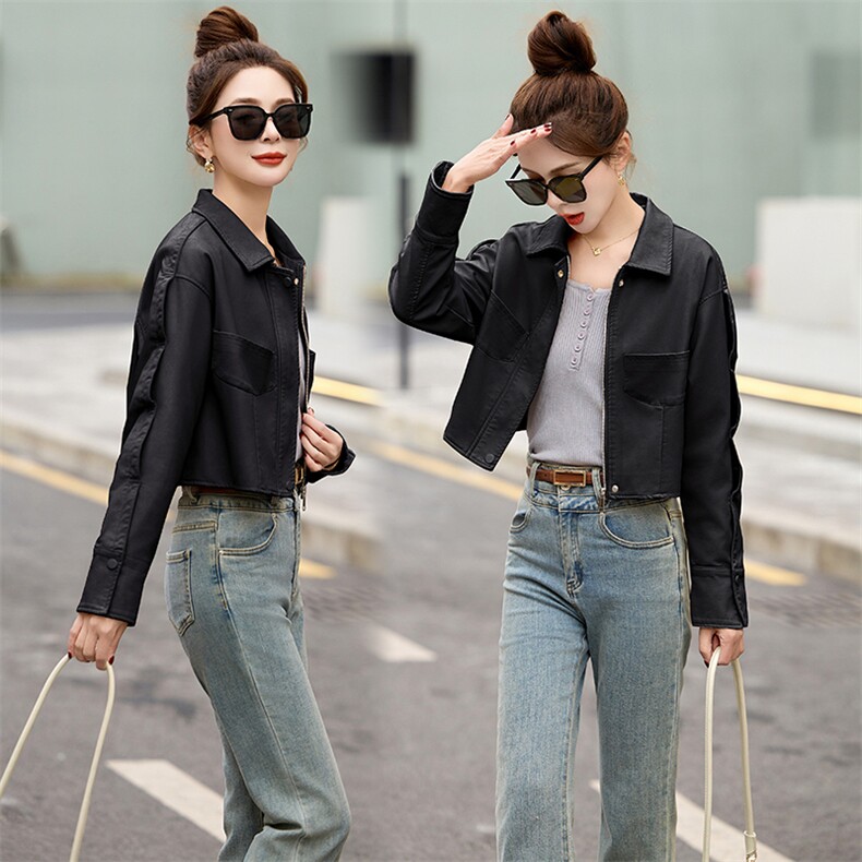 配裙子的皮夹克上衣女短款春秋新款2025时尚小个子机车服皮衣外套,女装皮衣,魅丽静蓝