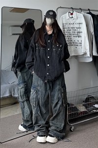 秋季新款港风美式高街中性男女拼接款翻领牛仔夹克潮 JK1294-P108图片