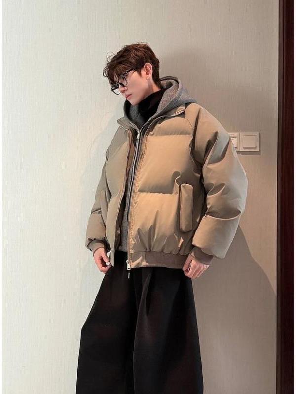 网图美式假两件pu皮短款棉服男款冬季加厚工装棉袄连帽外套特P89,男装皮衣,电商C306-1