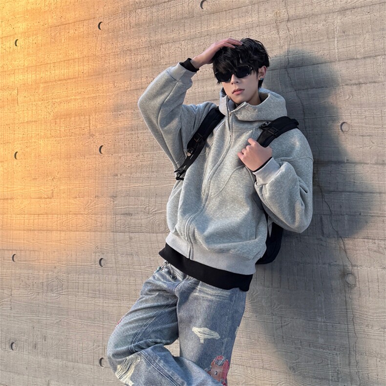 抖音得物高品质二开25秋冬美式高街重磅结构高领连帽卫衣外套W62，男装卫衣，电商A486