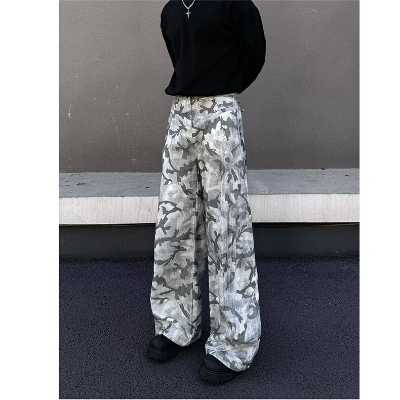 8063-P58美式复古迷彩口袋工装裤女2025春夏新款宽松微喇,男装工装外套,电商B323A