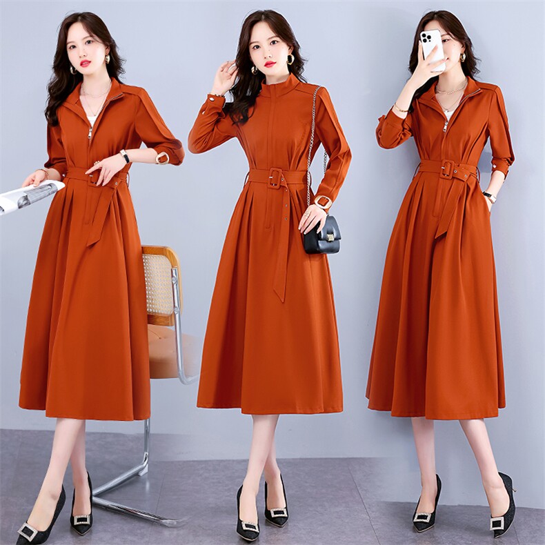 轻奢长袖风衣式连衣裙女春秋2023新款收腰显瘦复古气质女神范裙子，女装风衣，韩美纤衣