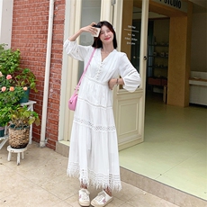 法式复古度假风流苏连衣裙女2025春秋季新款韩版宽松显瘦v领长裙，女装连衣裙，2C239
