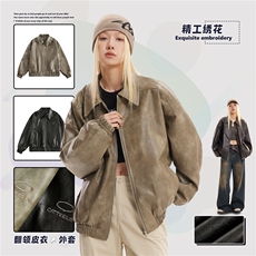 2025春款绣花翻领皮衣外套--5340模特图，男装夹克，电商S012（CATTEE）