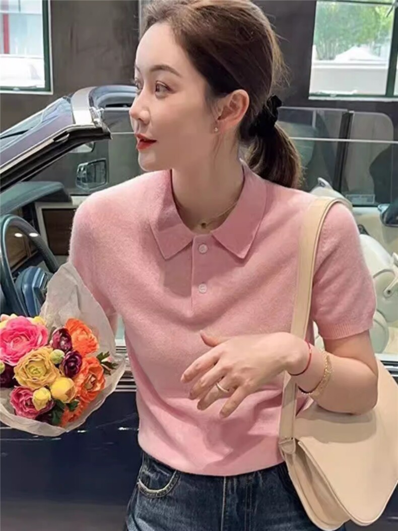 新款翻领纯色休闲舒适套头衫简约百搭显瘦短袖T恤女夏季薄款上衣,女装T恤,德聚羊绒