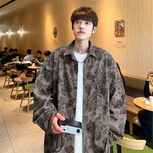 美式复古长袖印花衬衫男2024秋季新款潮流设计感情侣休闲图片