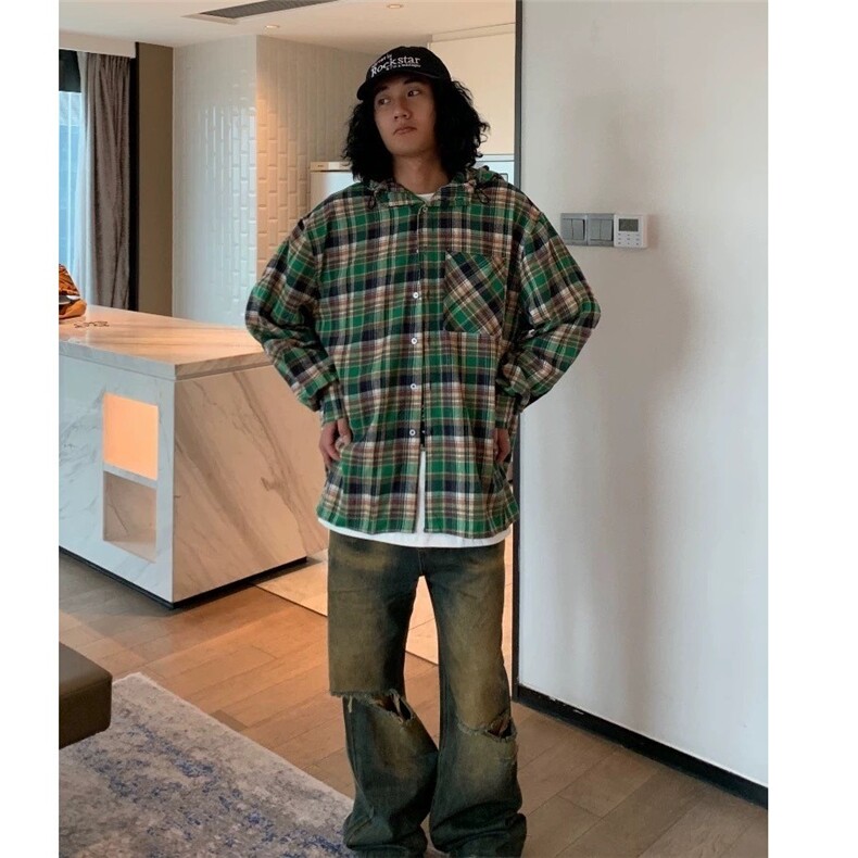 现货花衬衫高级感新品连帽百搭格子长袖衬衣男简约情侣大帽檐复古图片