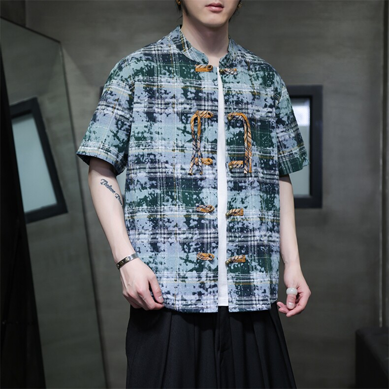 夏季新中式格纹晕染风铜扣短袖衬衫立领盘扣唐装衬衣30502,男装衬衫,星座305A（原312A-1）